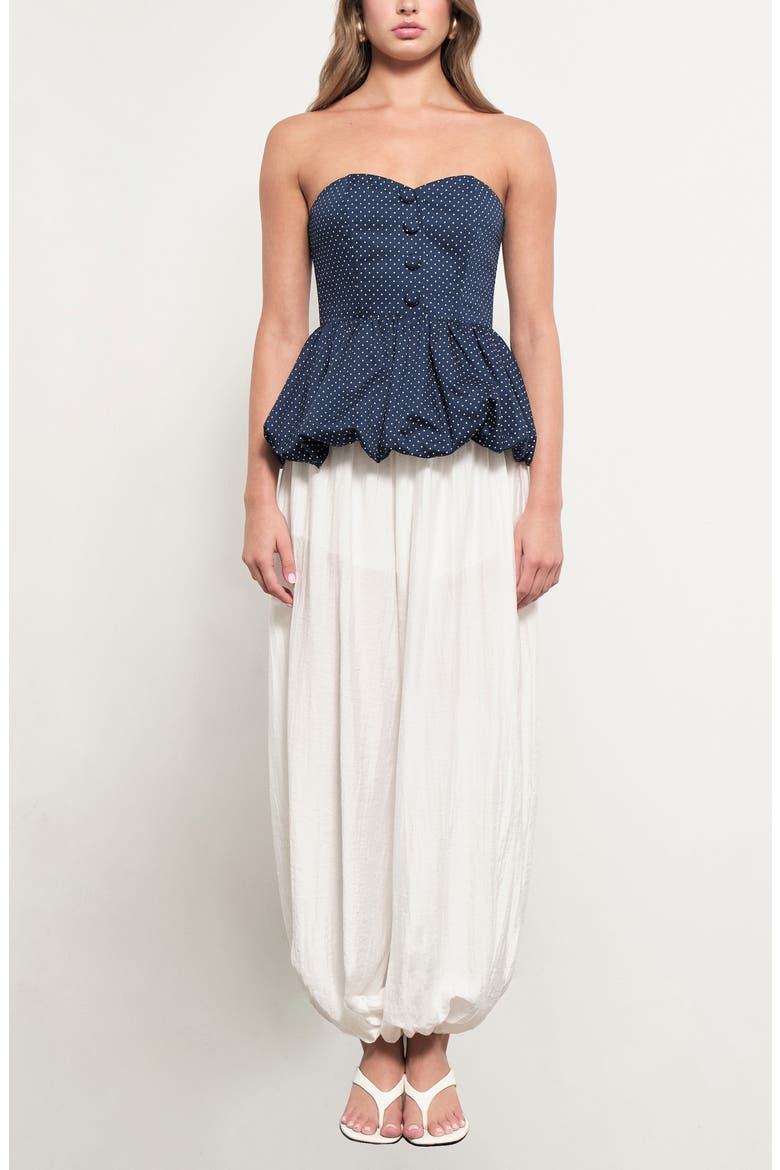 Wyatt Polka Dot Strapless Bubble Hem Peplum Top, Alternate, color, NAVY WHITE DOTS
