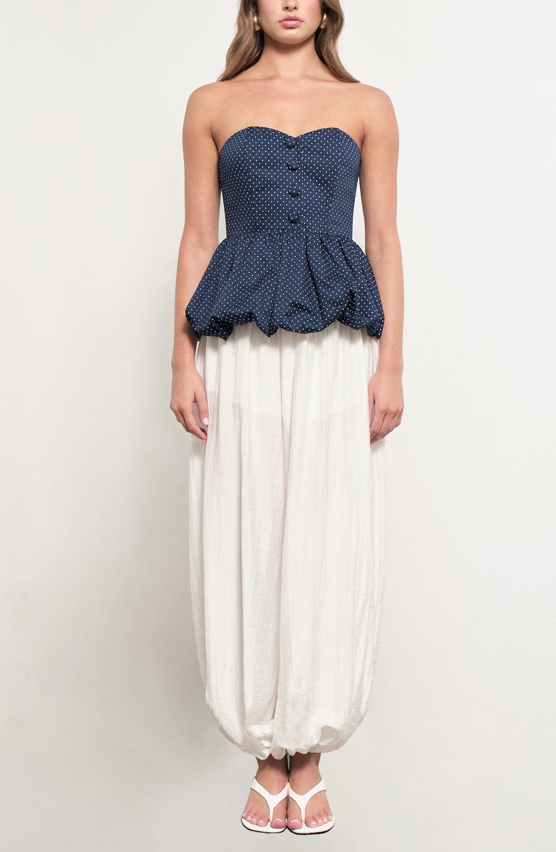 MAUDE CLUB Wyatt Polka Dot Strapless Bubble Hem Peplum Top, Alternate, color, Navy White Dots