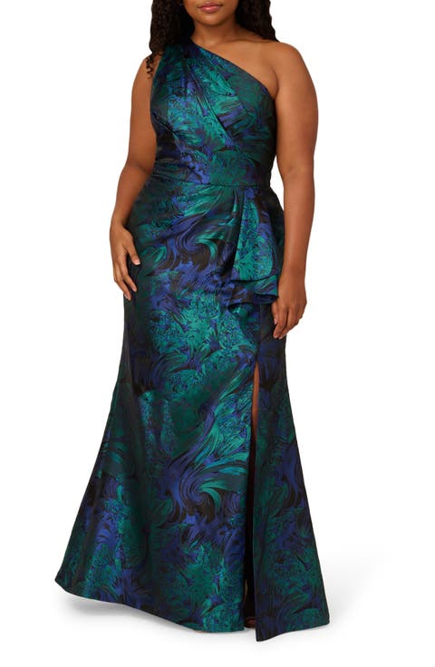 Floral One-Shoulder Jacquard Mermaid Gown (Plus)
