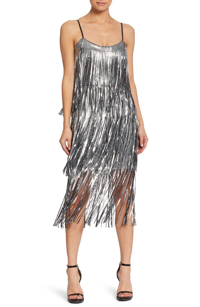 Dress the Population Roxy Fringe Shift Dress, Main, color, 