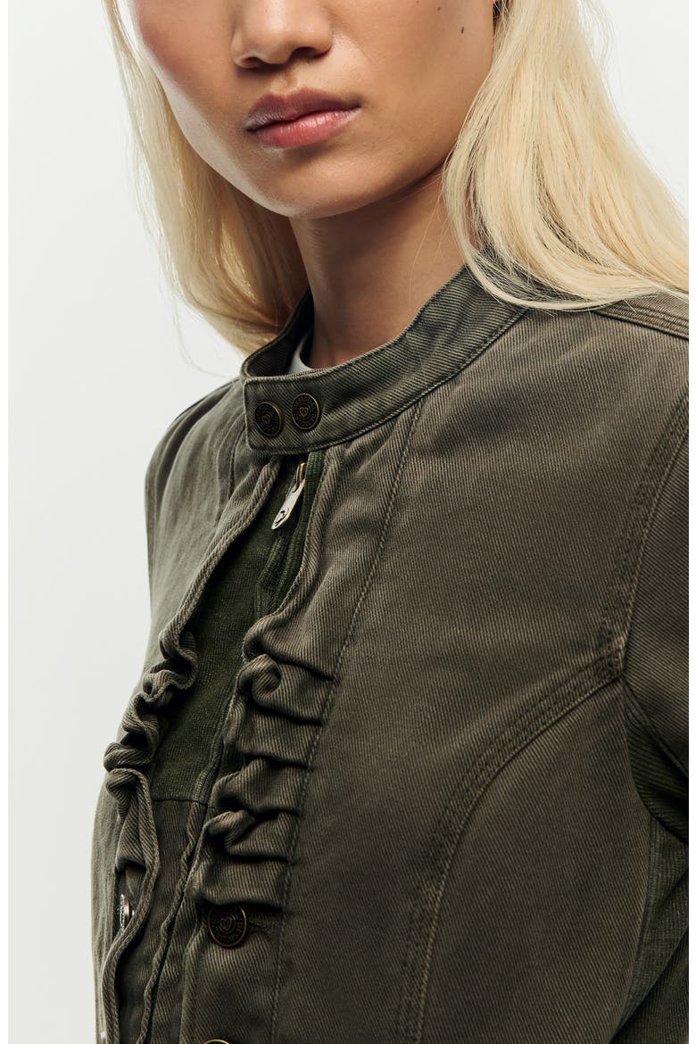 Ruffle Detail Denim Jacket, Alternate, color, LIGHT GREEN