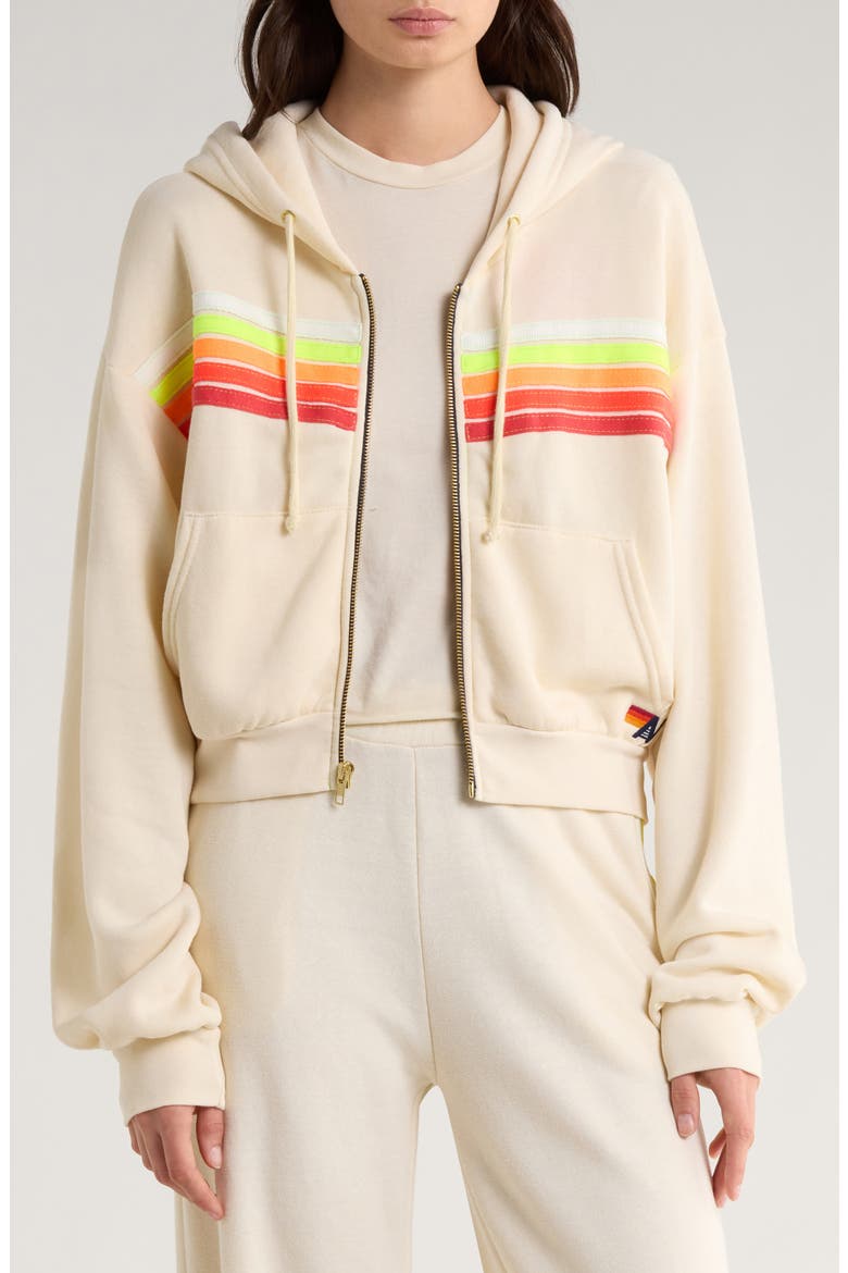 5-Stripe Zip Hoodie, Main, color, VINTAGE WHITE/ WHITE NEON