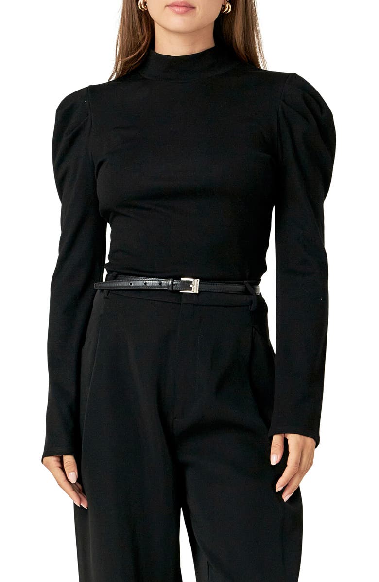 English Factory Puff Shoulder Mock Neck Rib Top, Main, color, Black