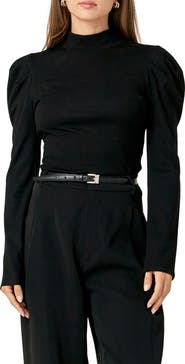 English Factory Puff Shoulder Mock Neck Rib Top