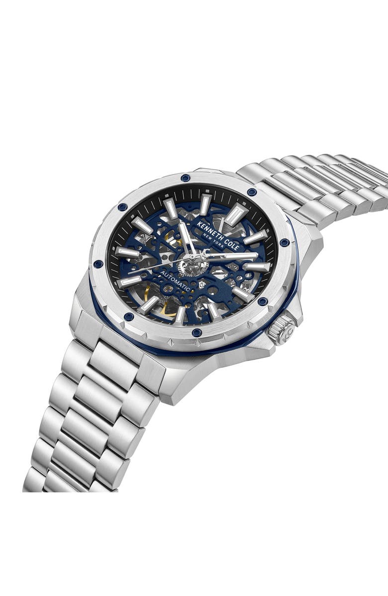 Kenneth Cole New York The Hollis Skeleton Automatic Bracelet Watch, 45mm, Alternate, color, Silver