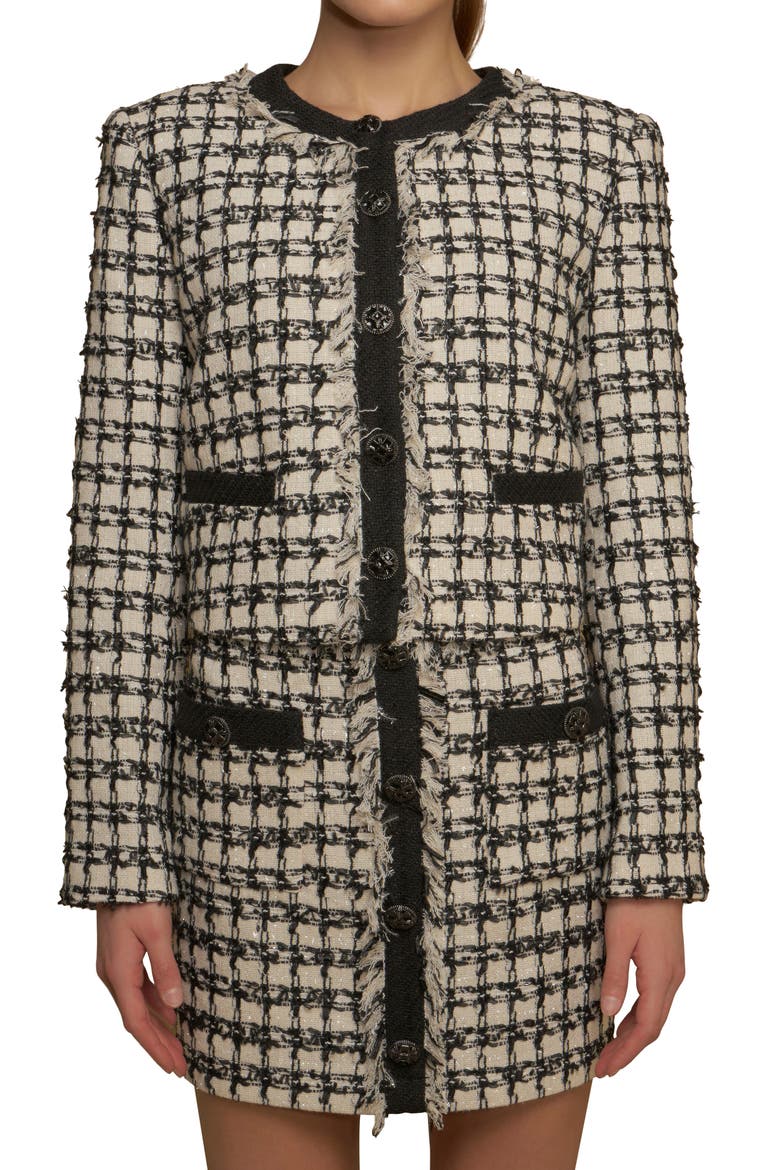 Premium Fringe Metallic Tweed Crop Jacket, Alternate, color, BLACK/ WHITE