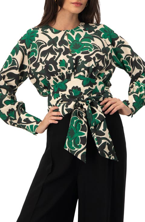 Floral Print Blouse with Waist Tie and Keyhole Neckline