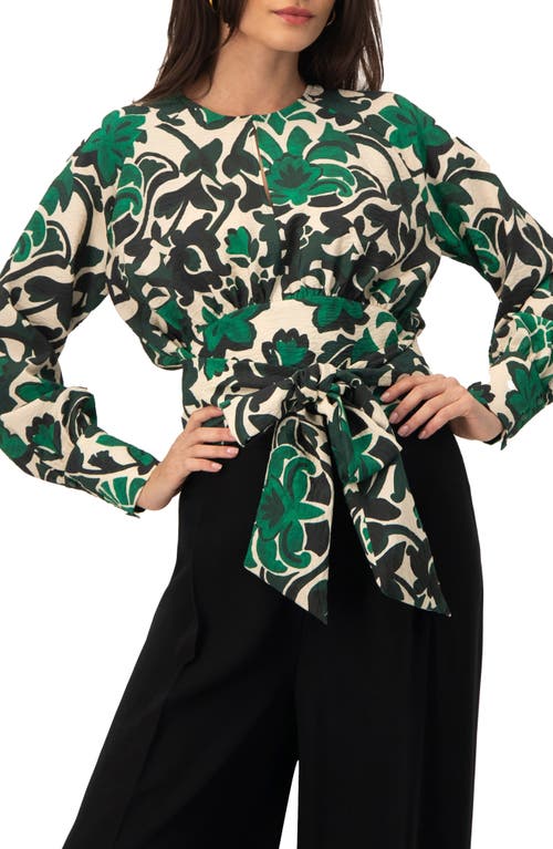 Ivonne Floral Print Blouse With Waist Tie And Keyhole Neckline In Green