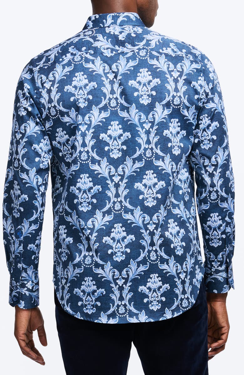 Robert Graham Neville Blue Damask Print Stretch Cotton Button-Up Shirt, Alternate, color, Navy
