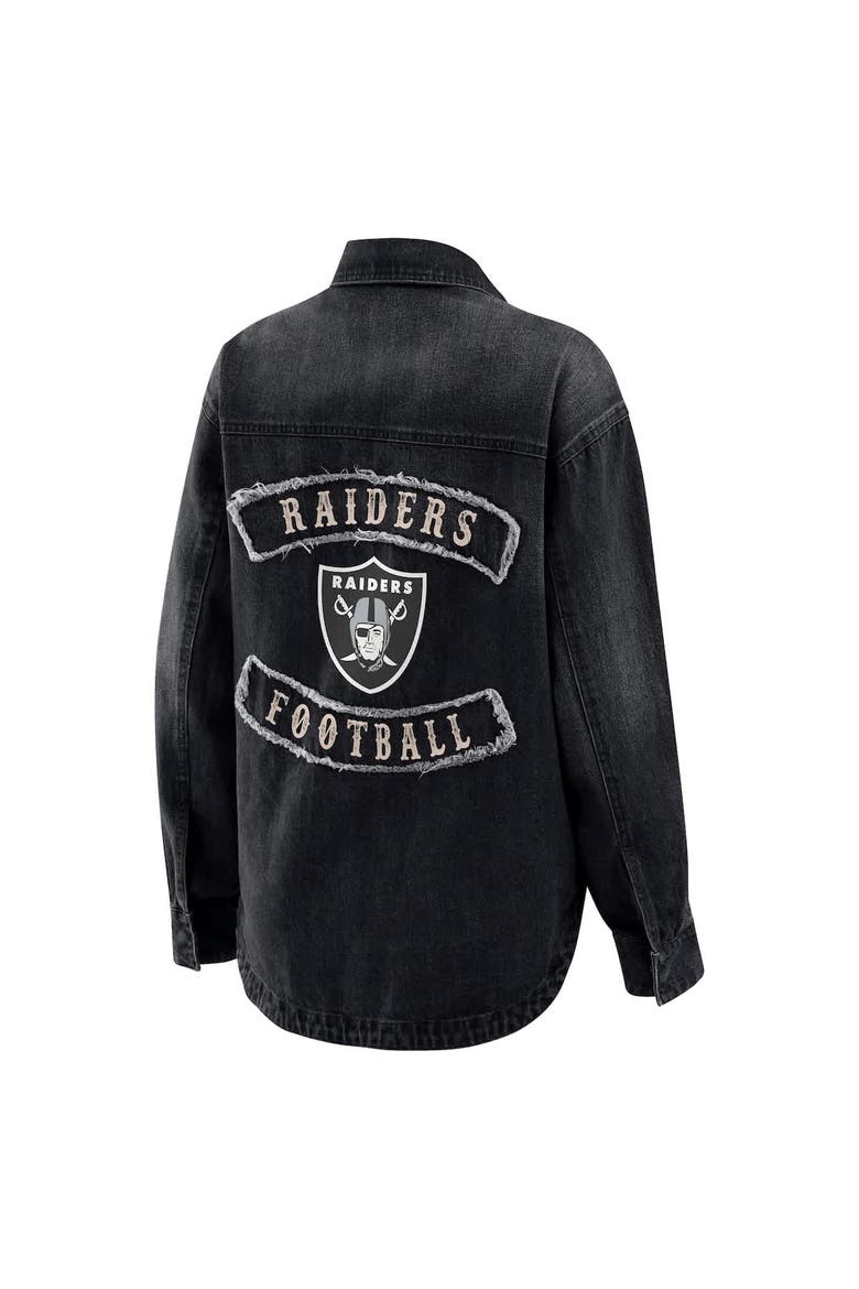 Women's WEAR by Erin Andrews Black Las Vegas Raiders Washed Oversized Denim Full-Snap Shacket, Alternate, color, Black
