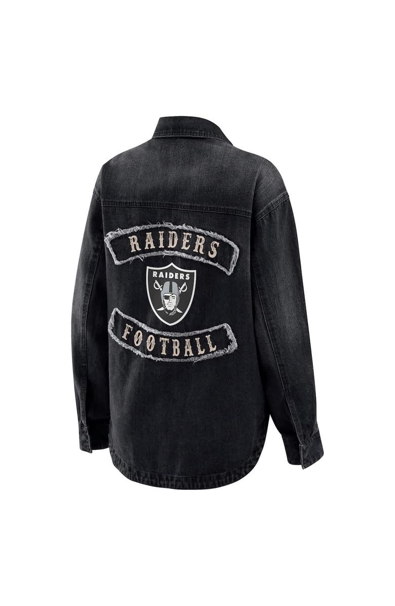 WEAR by Erin Andrews Women's WEAR by Erin Andrews Black Las Vegas Raiders Washed Oversized Denim Full-Snap Shacket, Alternate, color, Black
