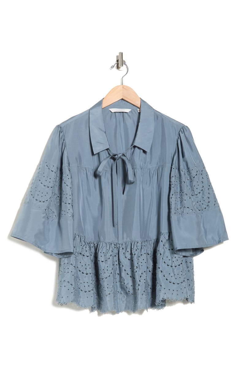 Rebecca Taylor Tie Keyhole Embroidered Eyelet Silk Peplum Top, Alternate, color, Smokey Blue