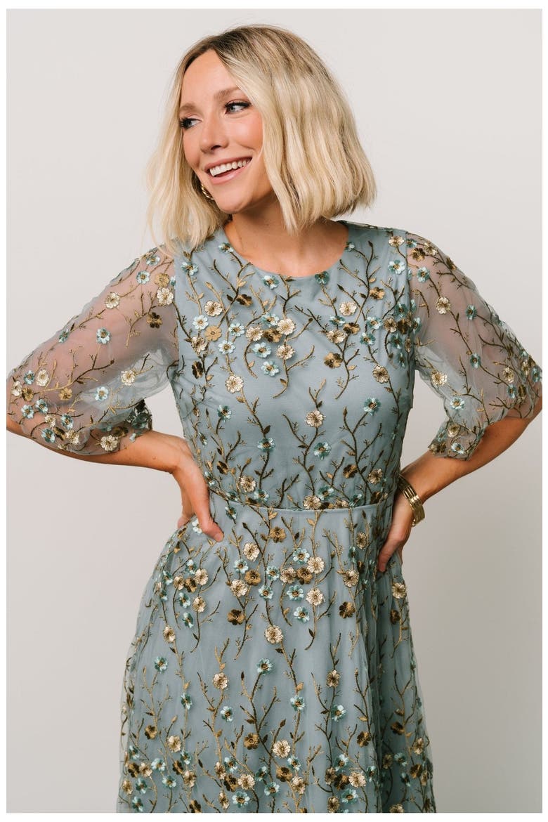 Arabella Embroidered Tulle Maxi Dress, Alternate, color, Dusty Blue Floral