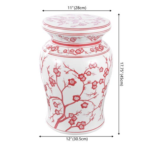 Jonathan Y Cherry Blossom 17.7" Ceramic Garden Stool In White/red