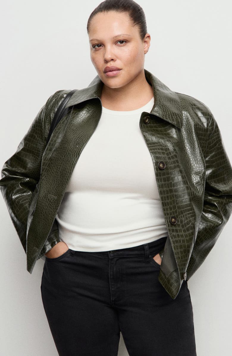 MANGO Nilo Croc Embossed Faux Leather Jacket, Alternate, color, Khaki Green