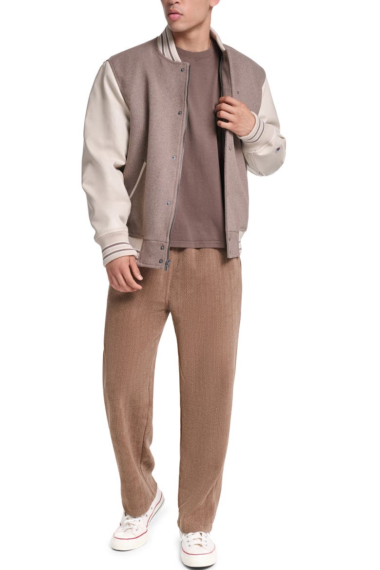 Varsity Jacket with Faux Leather Sleeves, Alternate, color, BROWN/ KHAK