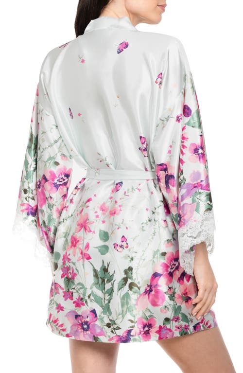 In Bloom By Jonquil Satin Floral Border Wrap Robe In Pale Sage