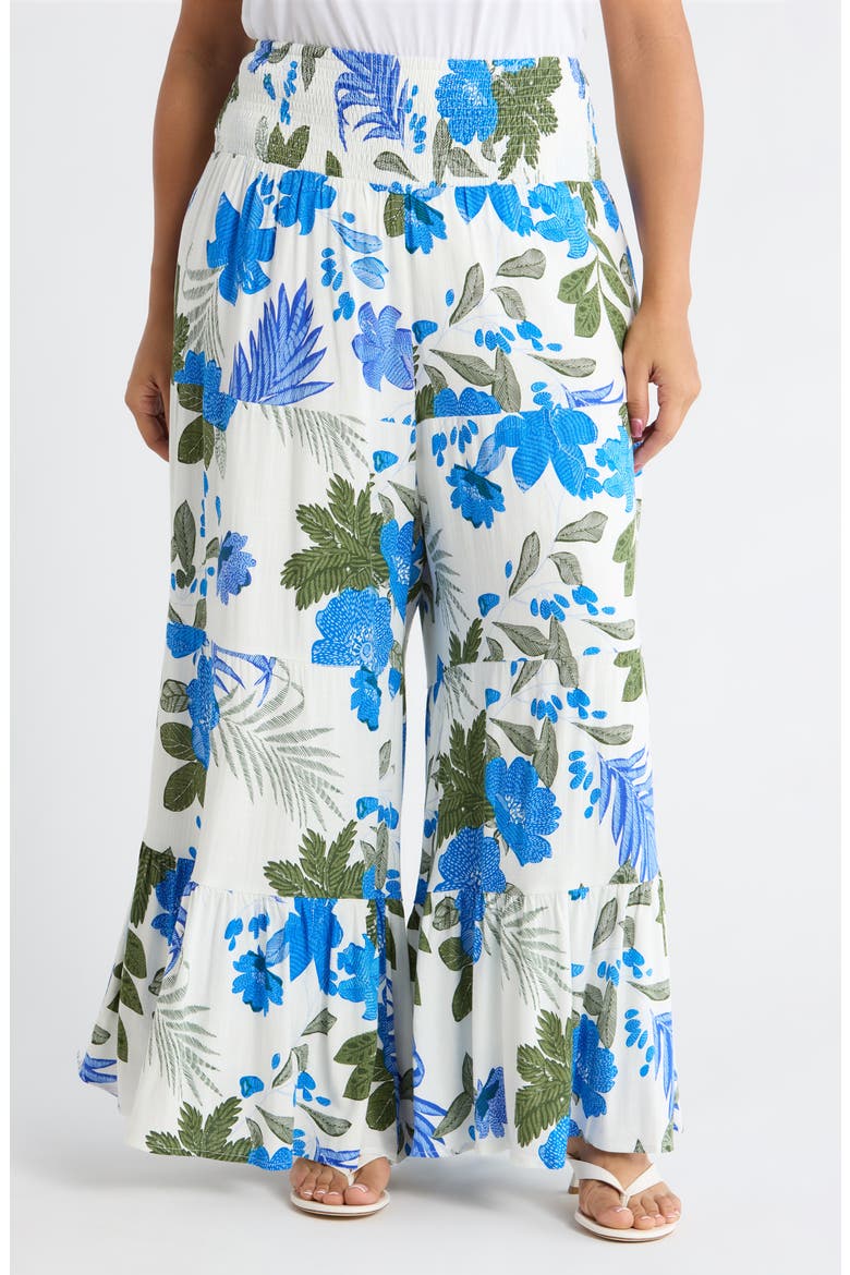 Zurie Floral Tovia Smocked Pants, Main, color, WHT-BLUE-GREEN