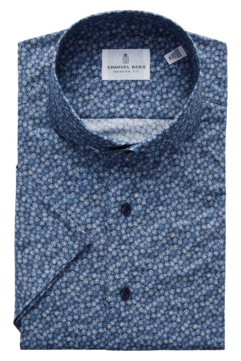 Modern Fit Floral Short Sleeve Stretch Poplin Sport Shirt, Main, color, DARK BLUE