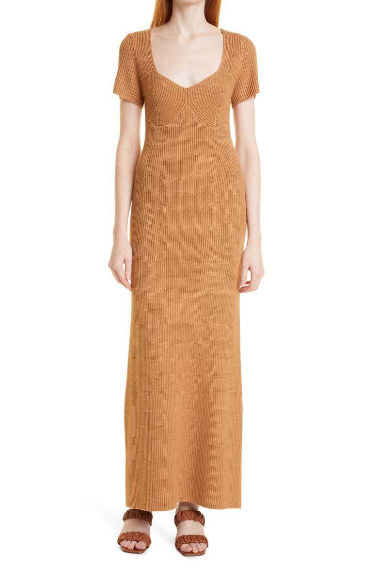 Camden Ribbed Sweetheart Neck Midi Dress, Main, color, CAMEL