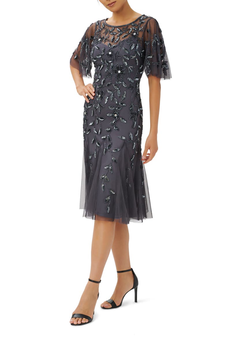 Beaded Mesh Cocktail Dress, Main, color, GUNMETAL
