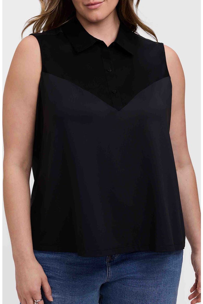 Ricki Mixed Media Sleeveless Button-Up Shirt, Main, color, BLACK