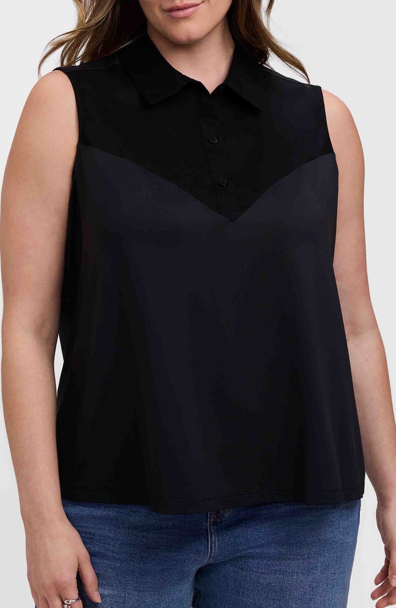 Foxcroft Ricki Mixed Media Sleeveless Button-Up Shirt, Main, color, Black
