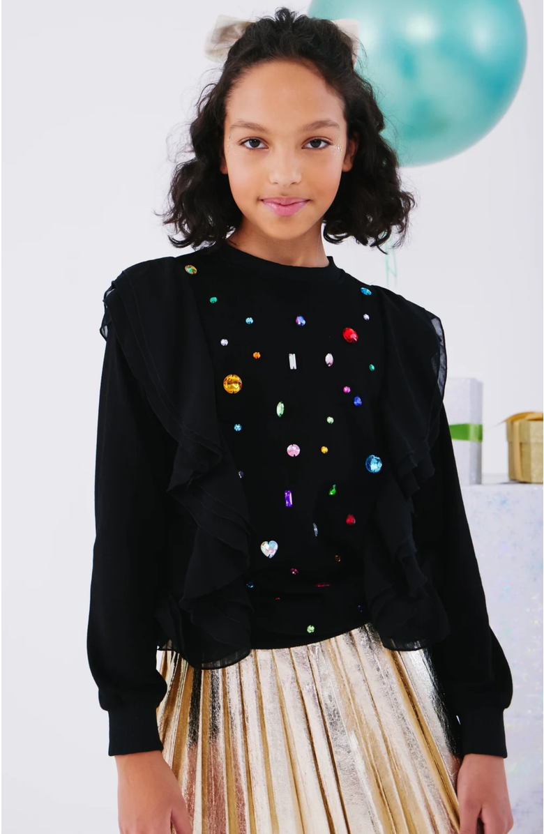 Lola + The Boys Ruffle Rainbow Gem Shirt, Alternate, color, Black