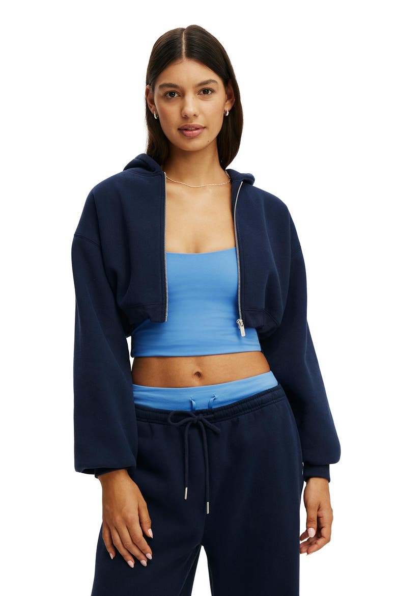 Women's Active Plush Micro Cropped Zip Through, Main, color, Prep Sport Navy