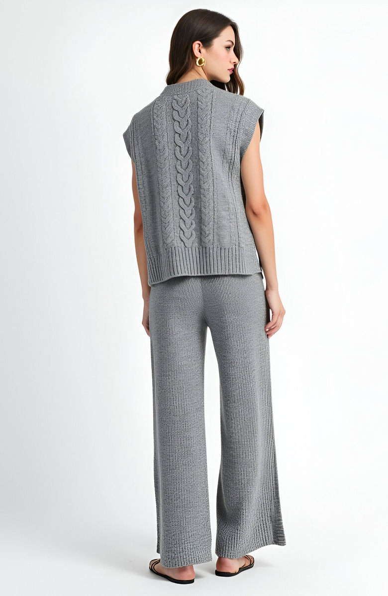 Modenaire Cable Knit Cap Sleeve Sweater Vest and Wide Leg Pants Set, Alternate, color, Grey