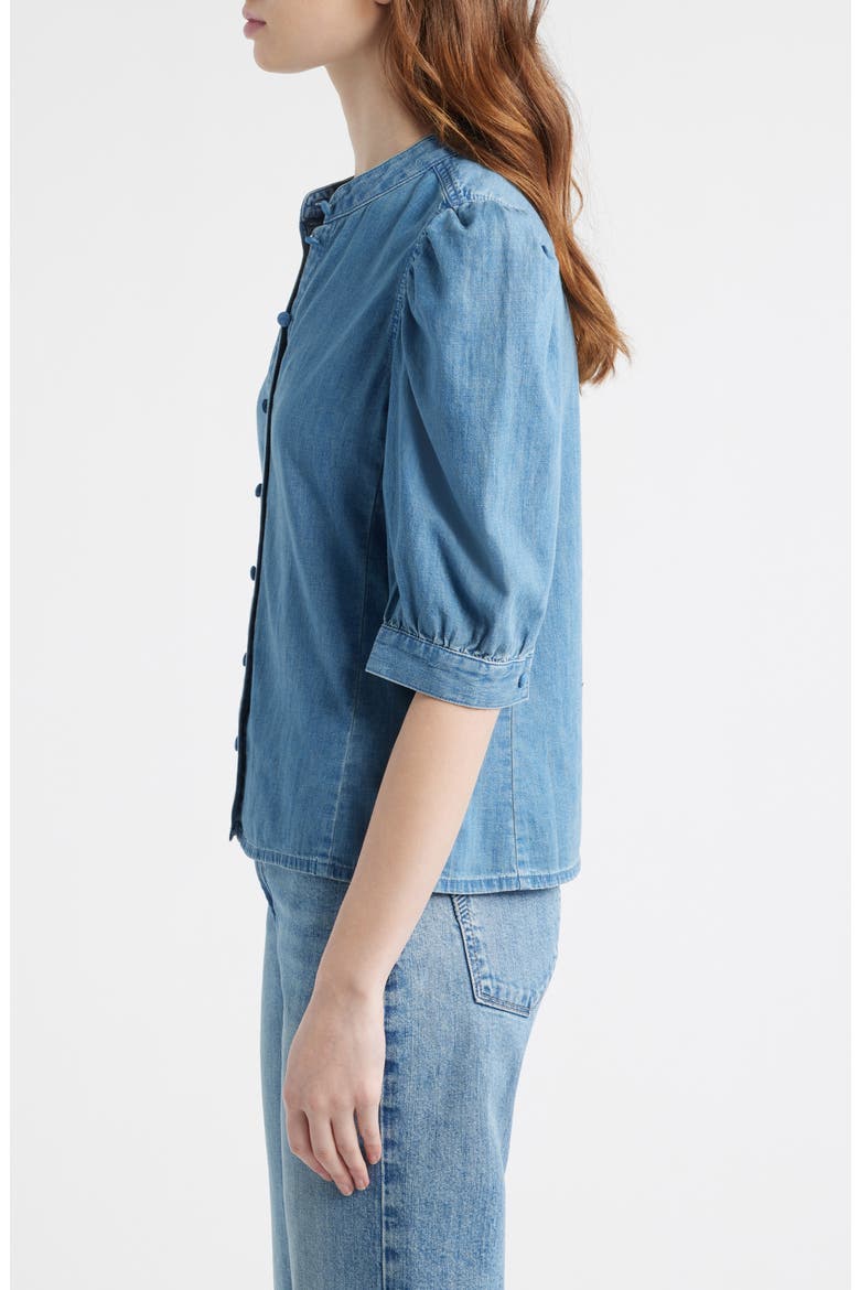 Band Collar Puff Sleeve Denim Button-Up Shirt, Alternate, color, COASTAL BLUE WASH