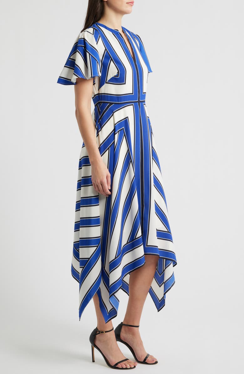Eliza J Geometric Stripe High Low Handkerchief Dress, Alternate, color, Ivory Blue