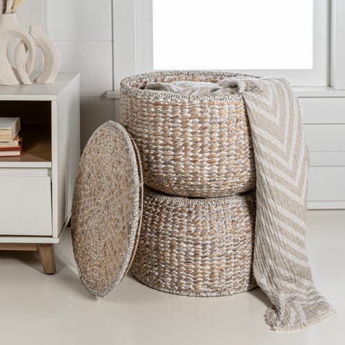 Happimess Bhola Hourglass Handwoven Hyacinth Storage Accent Table With Lid In White Wash