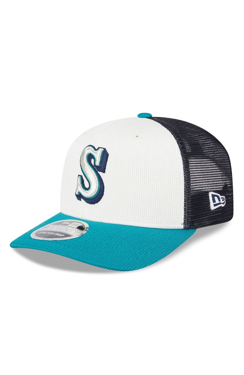 New Era Men's New Era  White/Aqua Seattle Mariners 2025 Batting Practice 9SEVENTY Stretch-Snap Trucker Hat, Main, color, 