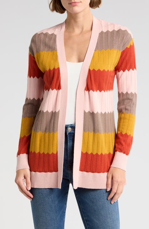 Chevron Stripe Open Front Long Cardigan