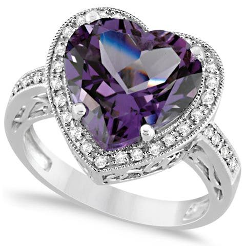 Heart Shaped Amethyst & Diamond Ring Halo 14K