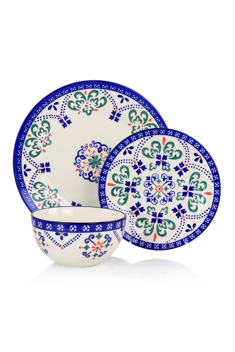 California Designs Tierra Star 12 piece Hand Painted Dinnerware Set, Alternate, color, Blue