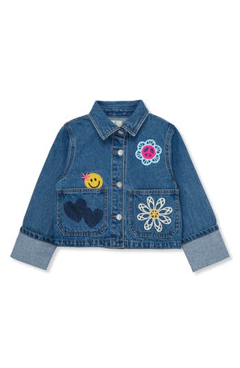Peek Aren't You Curious Kids' Appliqué & Patch Denim Jacket In Blue