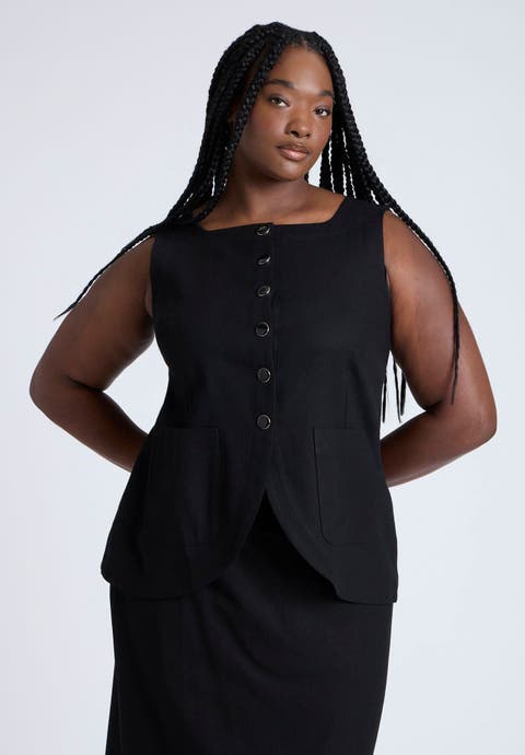 Square Neck Scoop Hem Linen Blend Vest