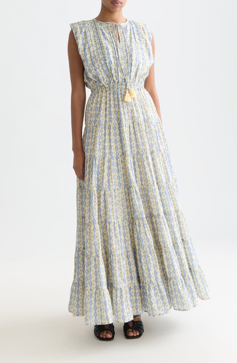 Scotch & Soda Abstract Print Tiered Cotton Blend Maxi Dress, Main, color, Cactus Stripe Placed Raffia