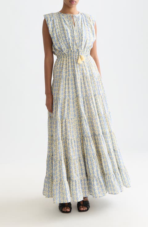 Abstract Print Tiered Cotton Blend Maxi Dress