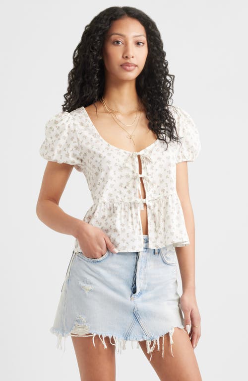 Bp. Tie Front Cotton Poplin Top In Ivory- Pink Sprig Ditsy
