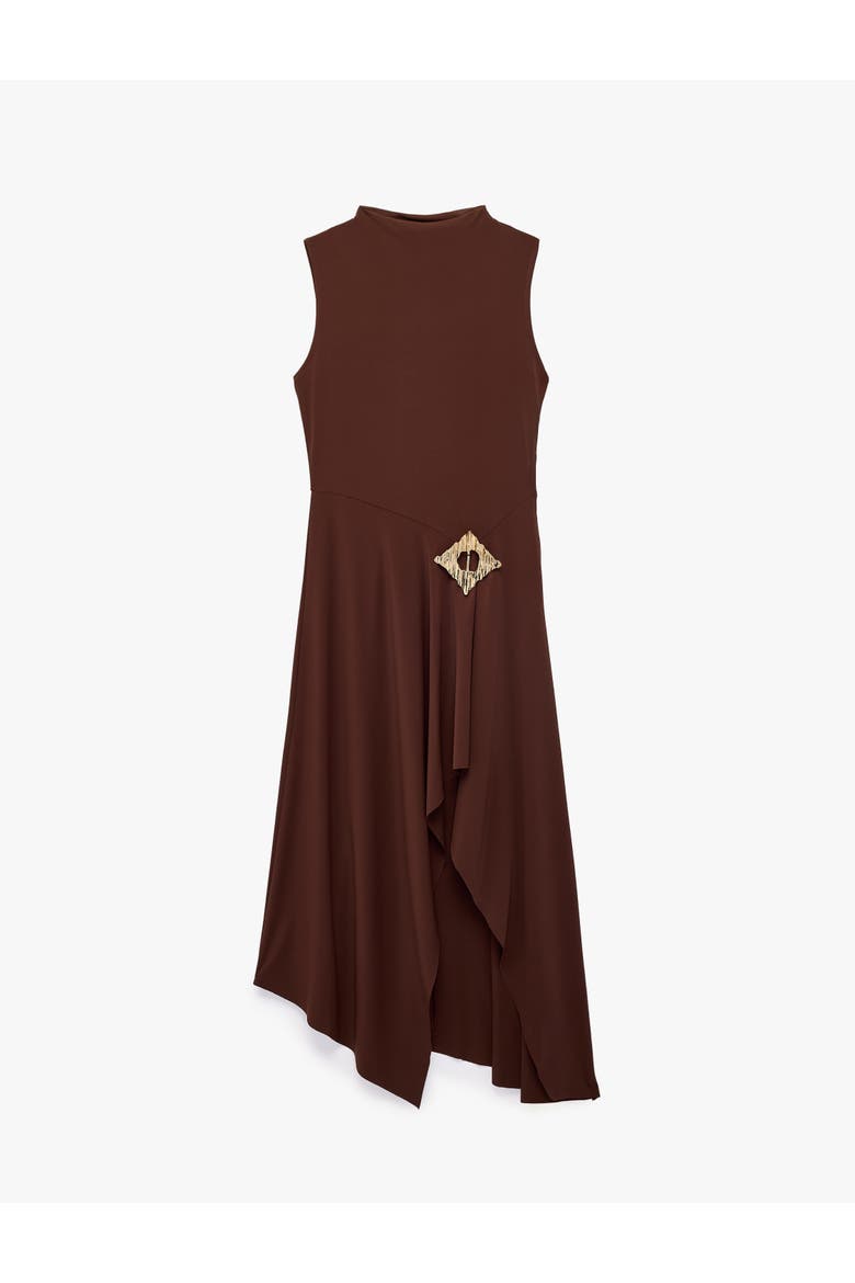 Sleeveless High Neck Draped Midi Dress with Accessory Detail, Alternate, color, BROWN