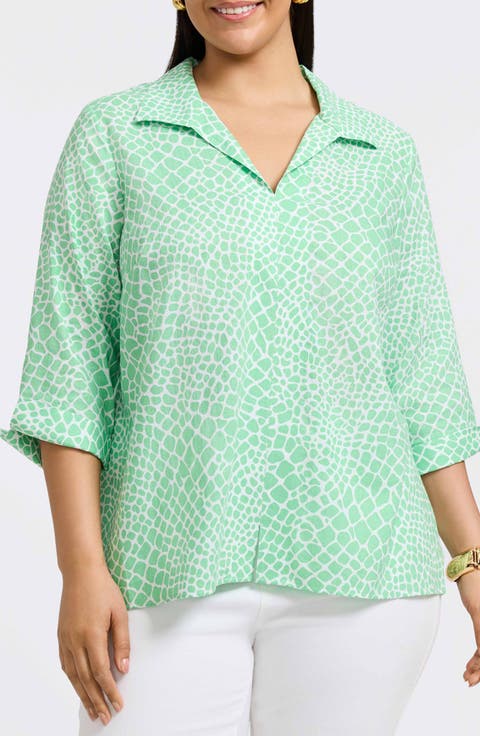 Agnes Print Three-Quarter Sleeve Linen Blend Popover Top (Plus)