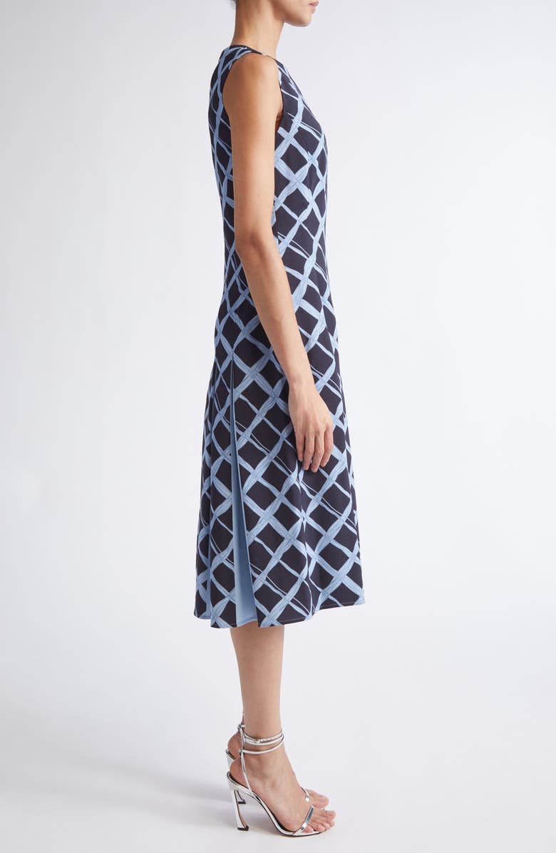 Oscar de la Renta Wavy Plaid Pleated Wool Blend Dress, Alternate, color, Navy/ Blue