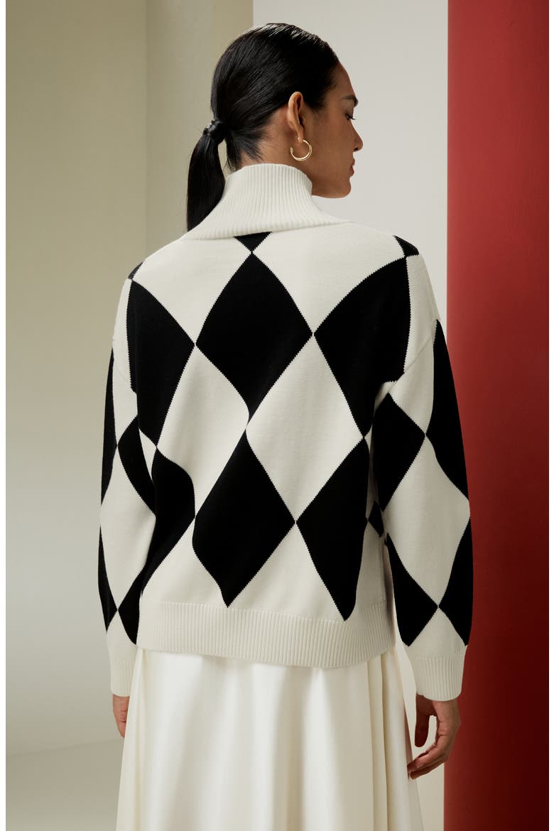 Women's Argyle Preppy Wool Sweater, Alternate, color, Black&White Diamond