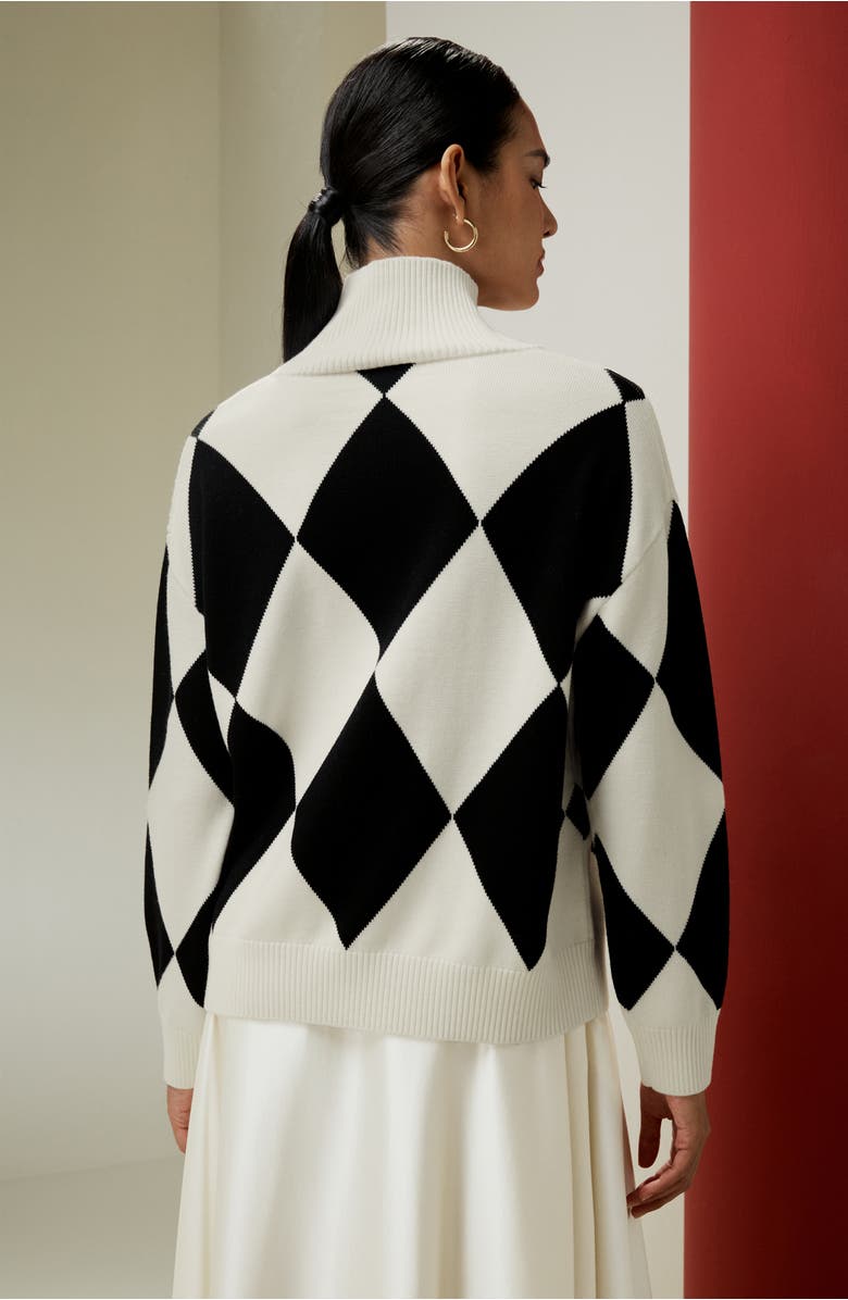 Lilysilk Women's Argyle Preppy Wool Sweater, Alternate, color, Black&White Diamond