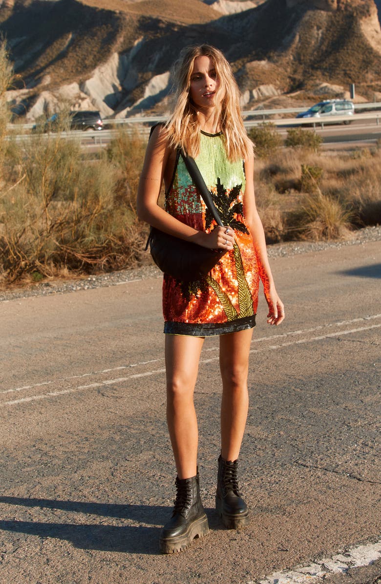 NASTY GAL Sequin Palm Tree Sleeveless Minidress, Alternate, color,