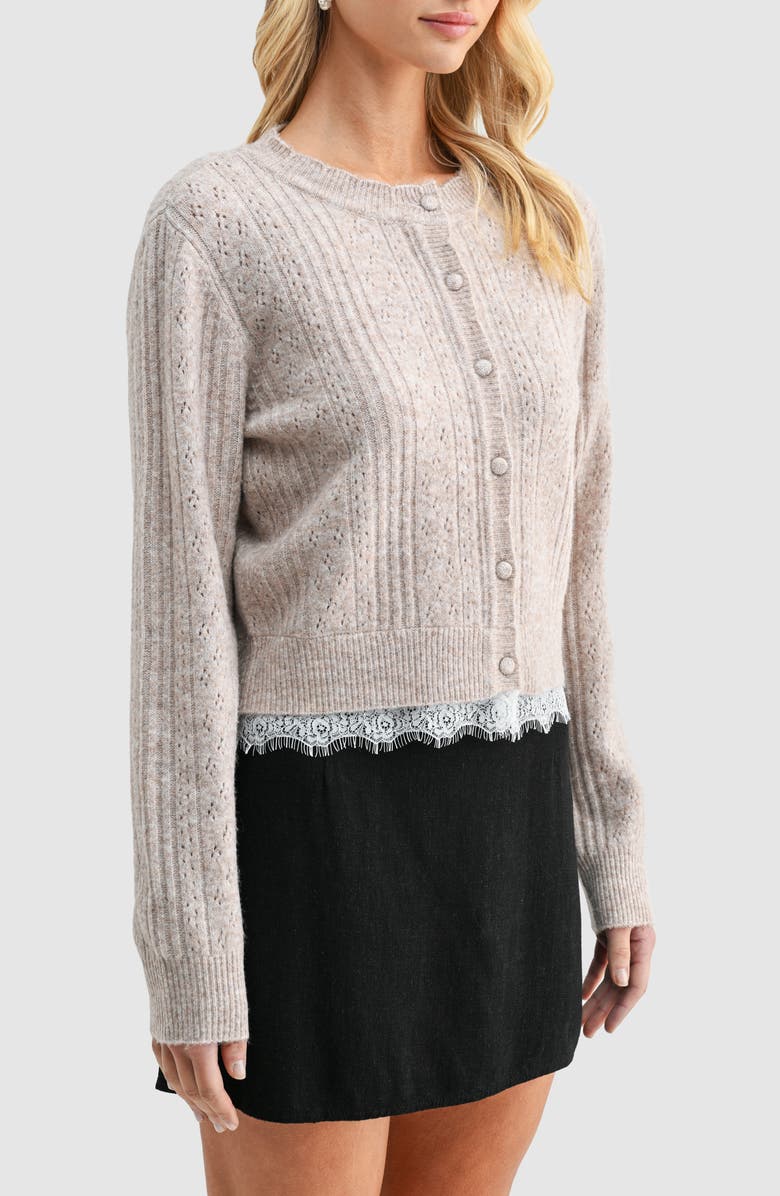 All in Favor Lace Trim Pointelle Cardigan, Alternate, color, Taupe