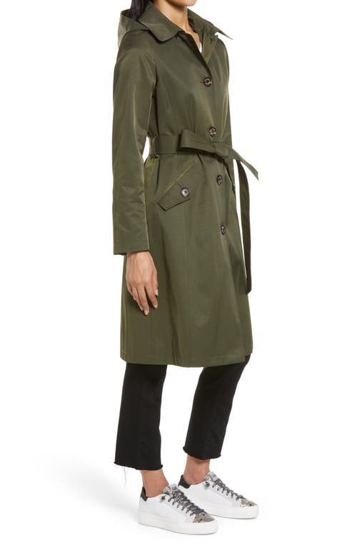 Sam Edelman Water Repellent Belted Trench Coat With Removable Hood In Green